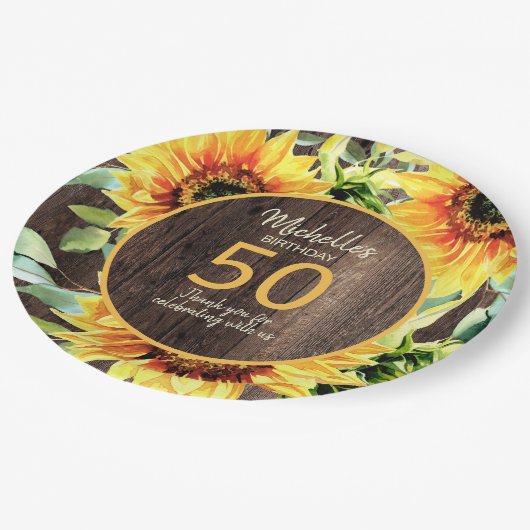 Rustic Wood Yellow Sunflower 50th Birthday Papieren Bordje (Gekanteld)