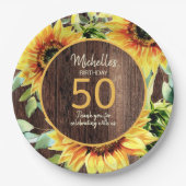 Rustic Wood Yellow Sunflower 50th Birthday Papieren Bordje (Voorkant)