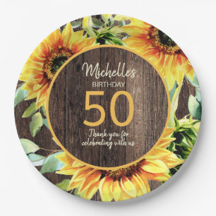 Rustic Wood Yellow Sunflower 50th Birthday Papieren Bordje