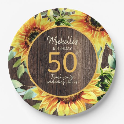Rustic Wood Yellow Sunflower 50th Birthday Papieren Bordje (Voorkant)