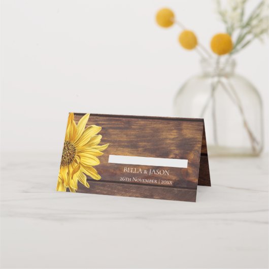 Rustic Wood Yellow Sunflower Country Fall Weddensc Plaatskaartje (Voorkant)