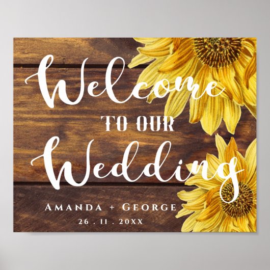 Rustic Wood Yellow Sunflower Welkom bij bruiloft Poster (Voorkant)