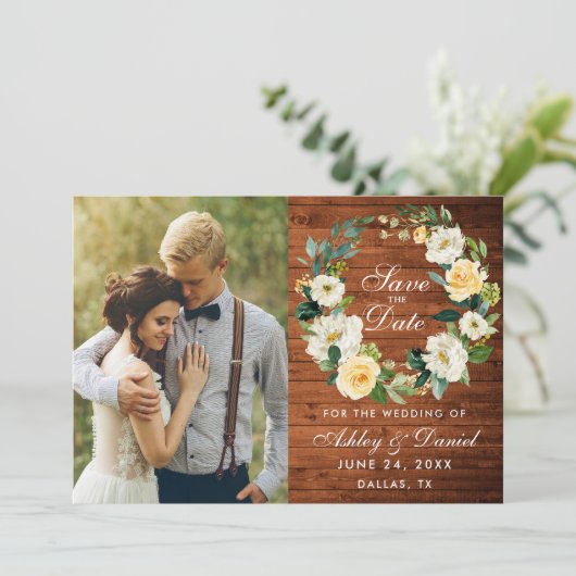 Rustic Wood Yellow White Floral Wreate Save The Date (Staand voorkant)