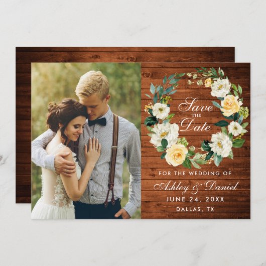 Rustic Wood Yellow White Floral Wreate Save The Date (Voorkant / Achterkant)