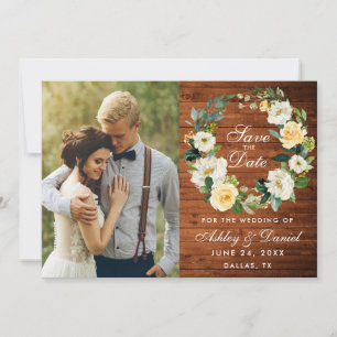 Rustic Wood Yellow White Floral Wreate Save The Date