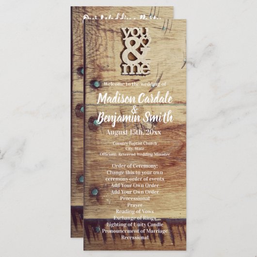 Rustic Wood "You & Me" Wedding Programs Programmakaart (Voorkant / Achterkant)