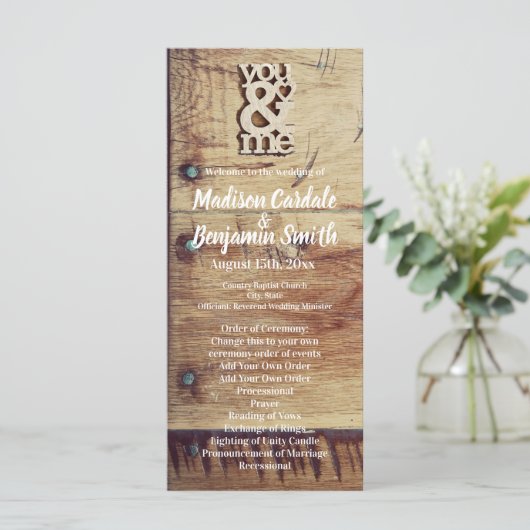 Rustic Wood "You & Me" Wedding Programs Programmakaart (Staand voorkant)