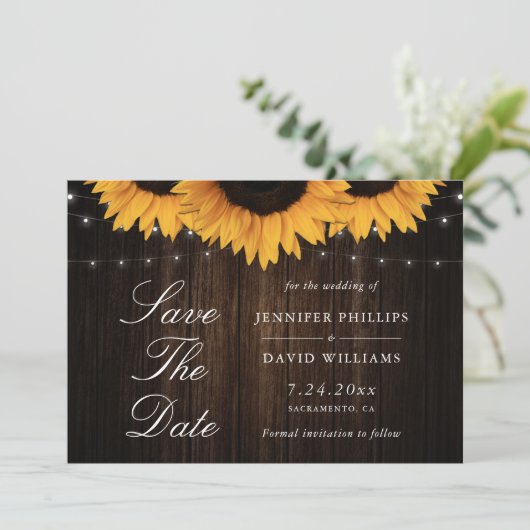 Rustic Wood Zonnebloem Bewaar de datumkaarten Save The Date (Staand voorkant)