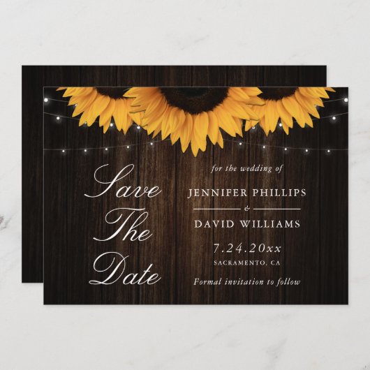 Rustic Wood Zonnebloem Bewaar de datumkaarten Save The Date (Voorkant / Achterkant)