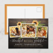 Rustic Wood & zonnebloemen 3 Foto's Thanksgiving Uitnodiging Briefkaart (Voorkant / Achterkant)