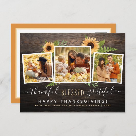 Rustic Wood & zonnebloemen 3 Foto's Thanksgiving Uitnodiging Briefkaart (Voorkant / Achterkant)