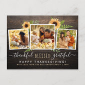 Rustic Wood & zonnebloemen 3 Foto's Thanksgiving Uitnodiging Briefkaart (Voorkant)
