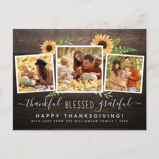 Rustic Wood & zonnebloemen 3 Foto's Thanksgiving Uitnodiging Briefkaart (Voorkant)