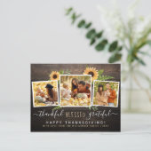 Rustic Wood & zonnebloemen 3 Foto's Thanksgiving Uitnodiging Briefkaart (Staand voorkant)