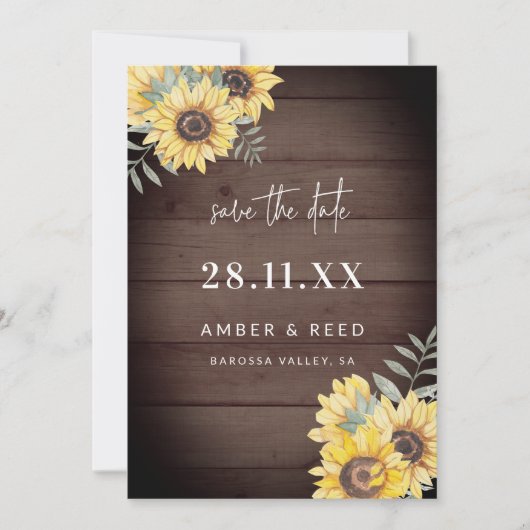 Rustic Wood - Zonnebloemen Save The Date (Voorkant)
