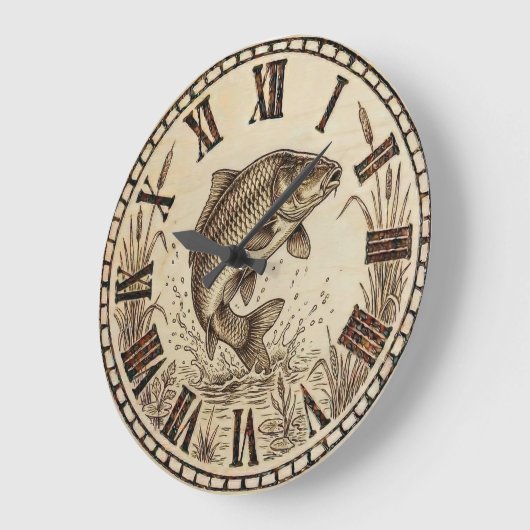 Rustic Woodburned Fish Wall Clock Grote Klok (Hoek)