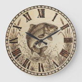 Rustic Woodburned Fish Wall Clock Grote Klok (Voorkant)