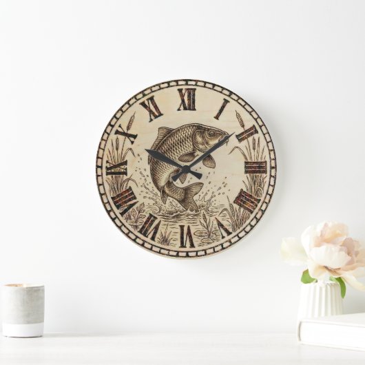 Rustic Woodburned Fish Wall Clock Grote Klok (Huis)