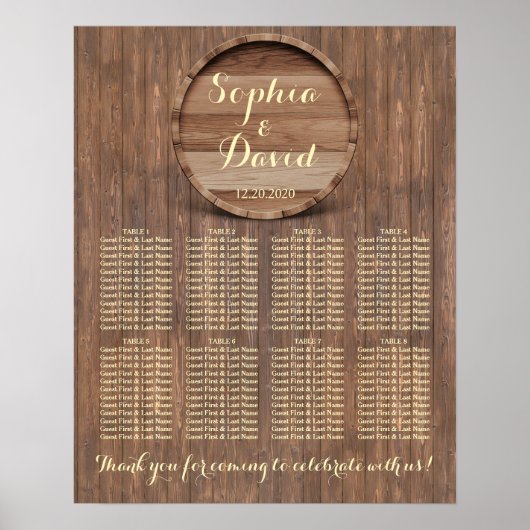 Rustic Wooden Barrel Custom Wedding Seding Chart Poster (Voorkant)