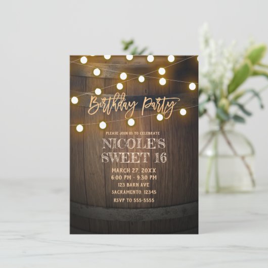 Rustic Wooden Barrel String Lights Birthday Party Kaart (Staand voorkant)