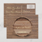 Rustic Wooden Barrel Wedding Carved BEWAAR DE DATU Aankondigingskaart (Voorkant / Achterkant)