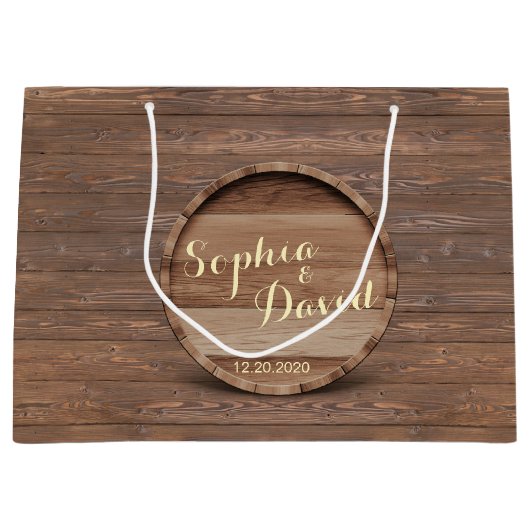 Rustic Wooden Barrel Wedding Custom Favor Bag Groot Cadeauzakje (Voorkant)
