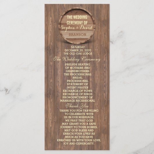 Rustic Wooden Barrel Wedding Custom Program Programmakaart (Voorkant)