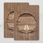 Rustic Wooden Barrel Wedding Table Number Kaart (Voorkant / Achterkant)