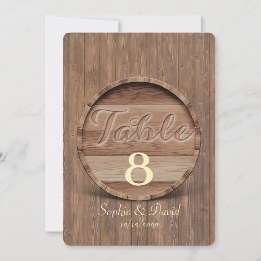 Rustic Wooden Barrel Wedding Table Number Kaart (Voorkant)