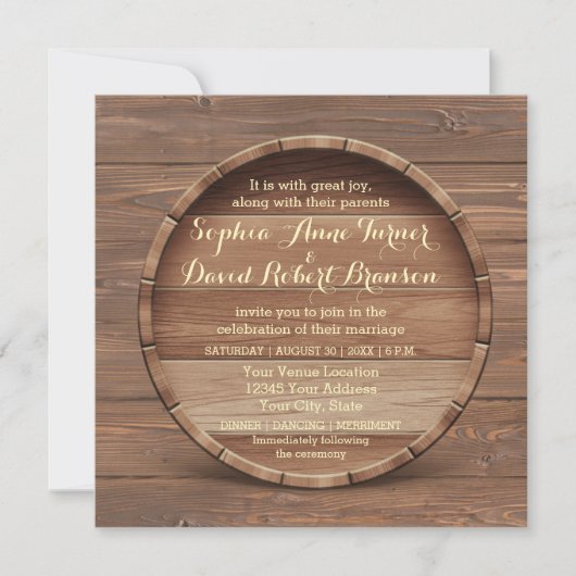Rustic Wooden Barrel Wedding Uitnodiging (Voorkant)