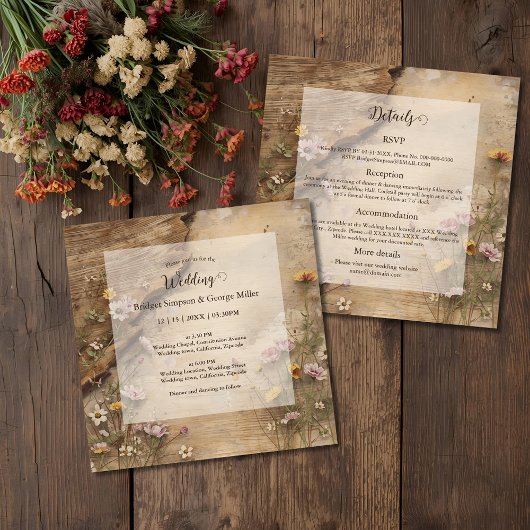 Rustic Wooden Bohemian Floral Wedding all in one  Kaart