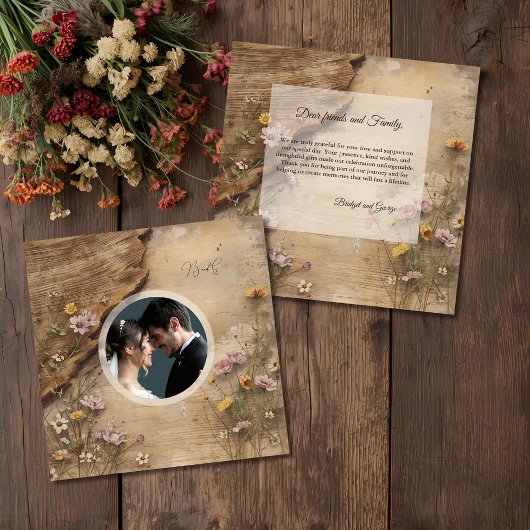 Rustic Wooden Bohemian Floral Wedding photo Bedankkaart