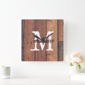 Rustic Wooden Country Farmhouse Brown Monogram Vierkante Klok (Huis)