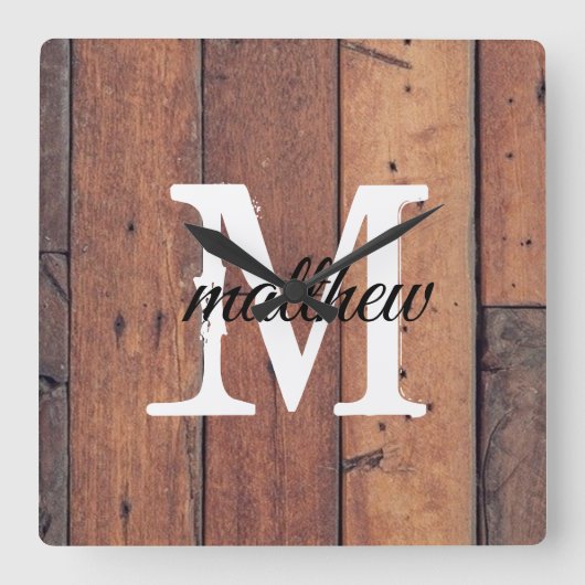 Rustic Wooden Country Farmhouse Brown Monogram Vierkante Klok (Voorkant)