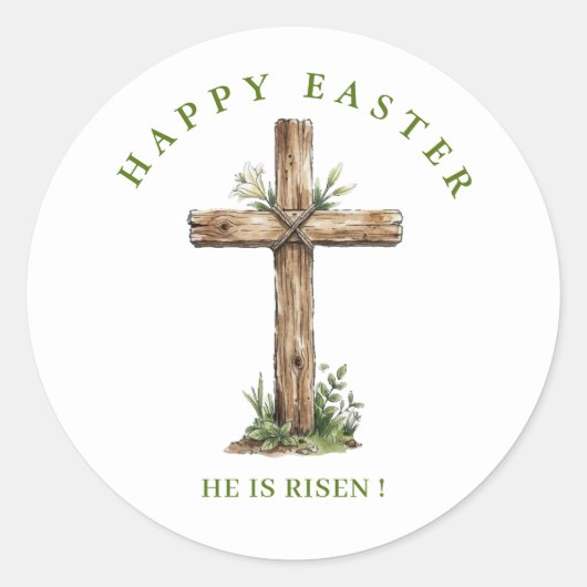 Rustic Wooden cross He is Risen Label / Seal (Voorkant)