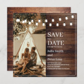 Rustic Wooden Custom Photo Square Save the Date Kaart (Voorkant / Achterkant)