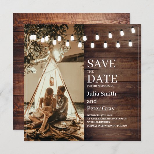 Rustic Wooden Custom Photo Square Save the Date Kaart (Voorkant / Achterkant)