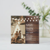 Rustic Wooden Custom Photo Square Save the Date Kaart (Staand voorkant)