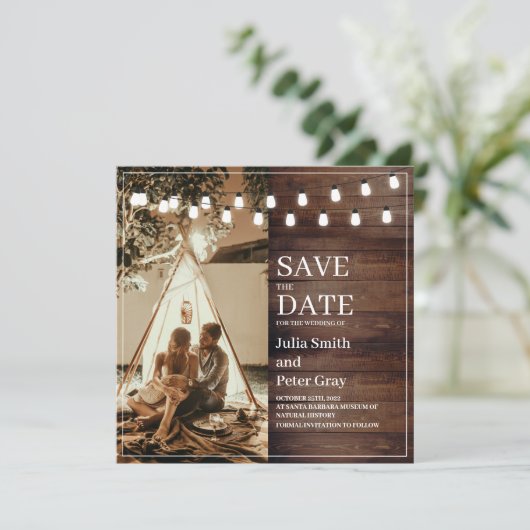 Rustic Wooden Custom Photo Square Save the Date Kaart (Staand voorkant)