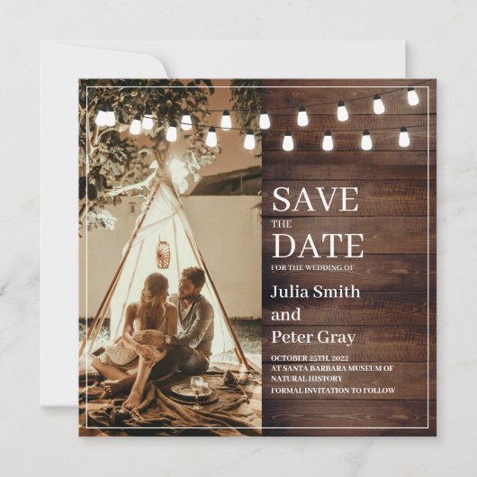 Rustic Wooden Custom Photo Square Save the Date Kaart (Voorkant)