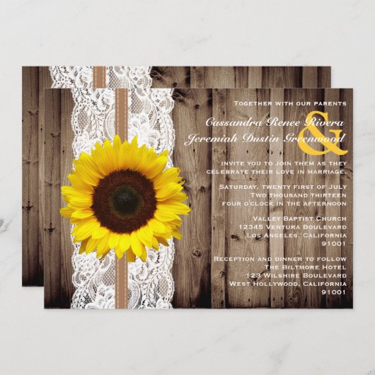 Rustic Wooden en Lace met zonnebloembruiloft Kaart (Voorkant / Achterkant)