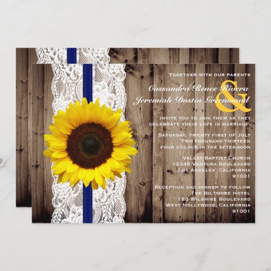 Rustic Wooden en Lace met zonnebloembruiloft Kaart (Voorkant / Achterkant)