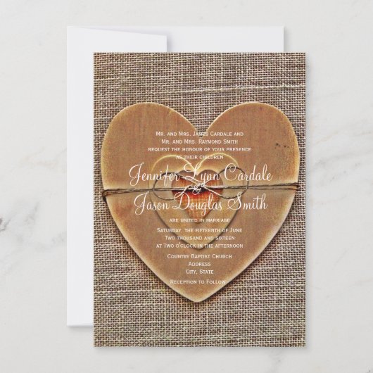 Rustic Wooden Heart Burlap Country Wedding Invites Kaart (Voorkant)