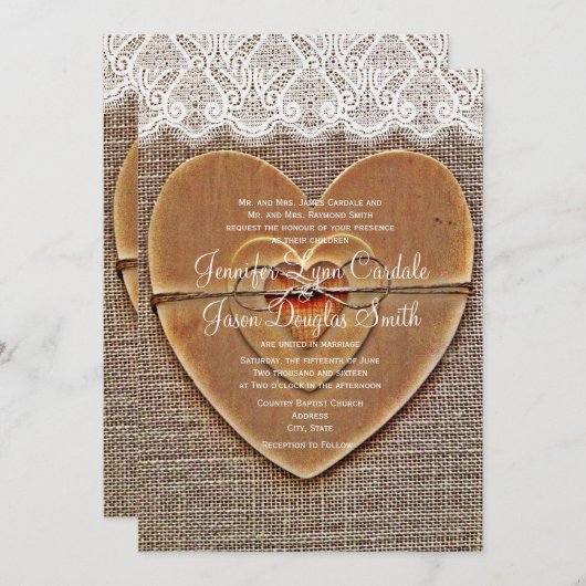 Rustic Wooden Heart Burlap Weddenschap Kaart (Voorkant / Achterkant)
