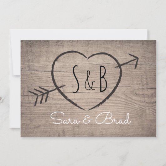 Rustic Wooden Heart Elegant Wedding Invitation Kaart (Voorkant)