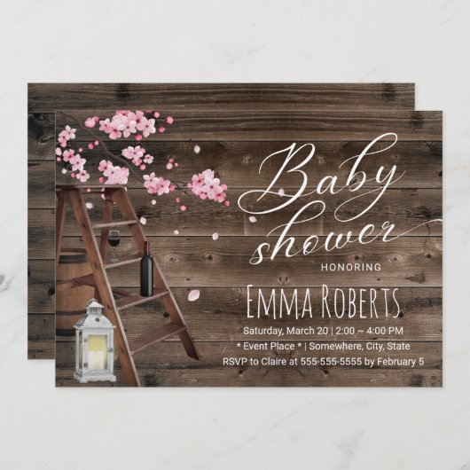 Rustic Wooden Ladder Cherry Blossom Baby shower Kaart (Voorkant / Achterkant)