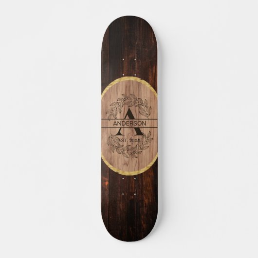 Rustic Wooden Monogram Naam Aangepaste Familienaam Persoonlijk Skateboard (Voorkant)
