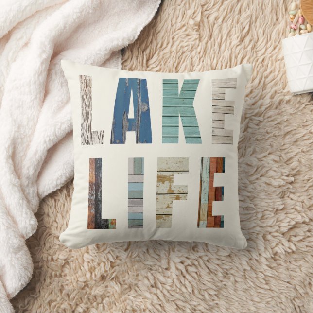 Rustic Wooden Planks "LAKE LIFE" Throw Pillow Kussen (Deken)
