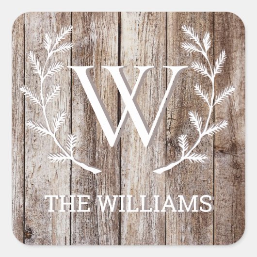 Rustic Wooden Planks Monogrammed Persoonlijke naam Vierkante Sticker (Voorkant)