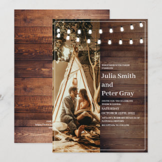 Rustic Wooden String Lights Photo Wedding Kaart